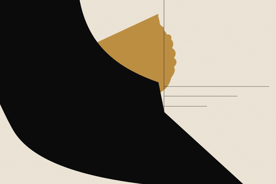 Abstract black and muted-gold forms with fine alignment lines on an ivory background.